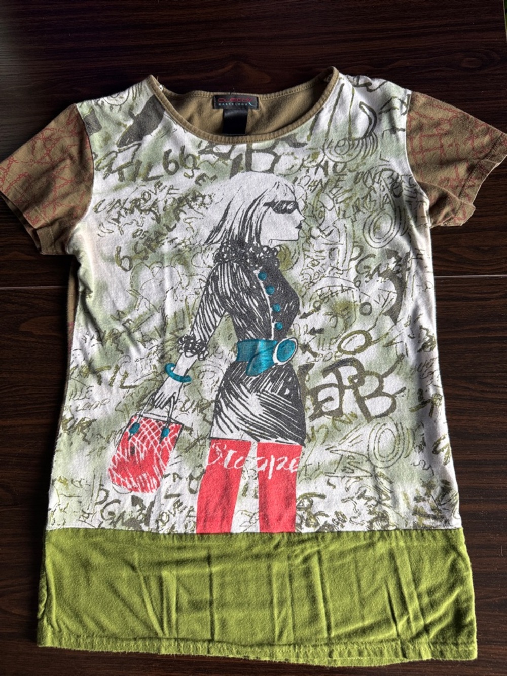 Custo Barcelona Graphic Girl Tee in Olive, Teal & Red